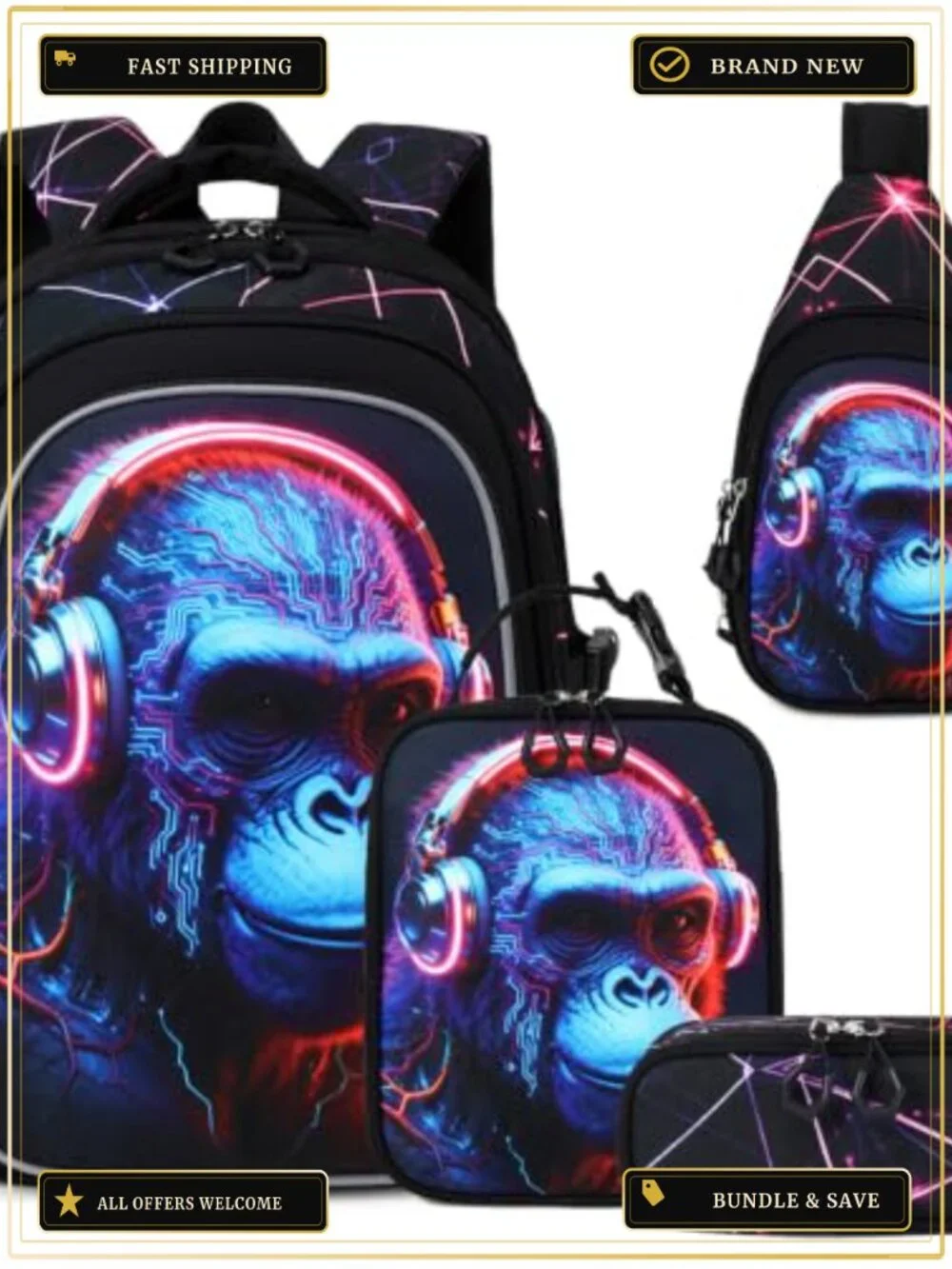 4-Piece Kids Backpack Set for Boys, Gaming Design, Insulated Lunch Bag, Sling